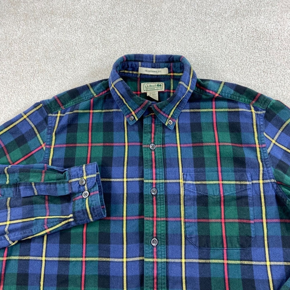 LL Bean Flannel Shirt Mens‎ Medium Blue Green Plaid Traditional Fit Button Down